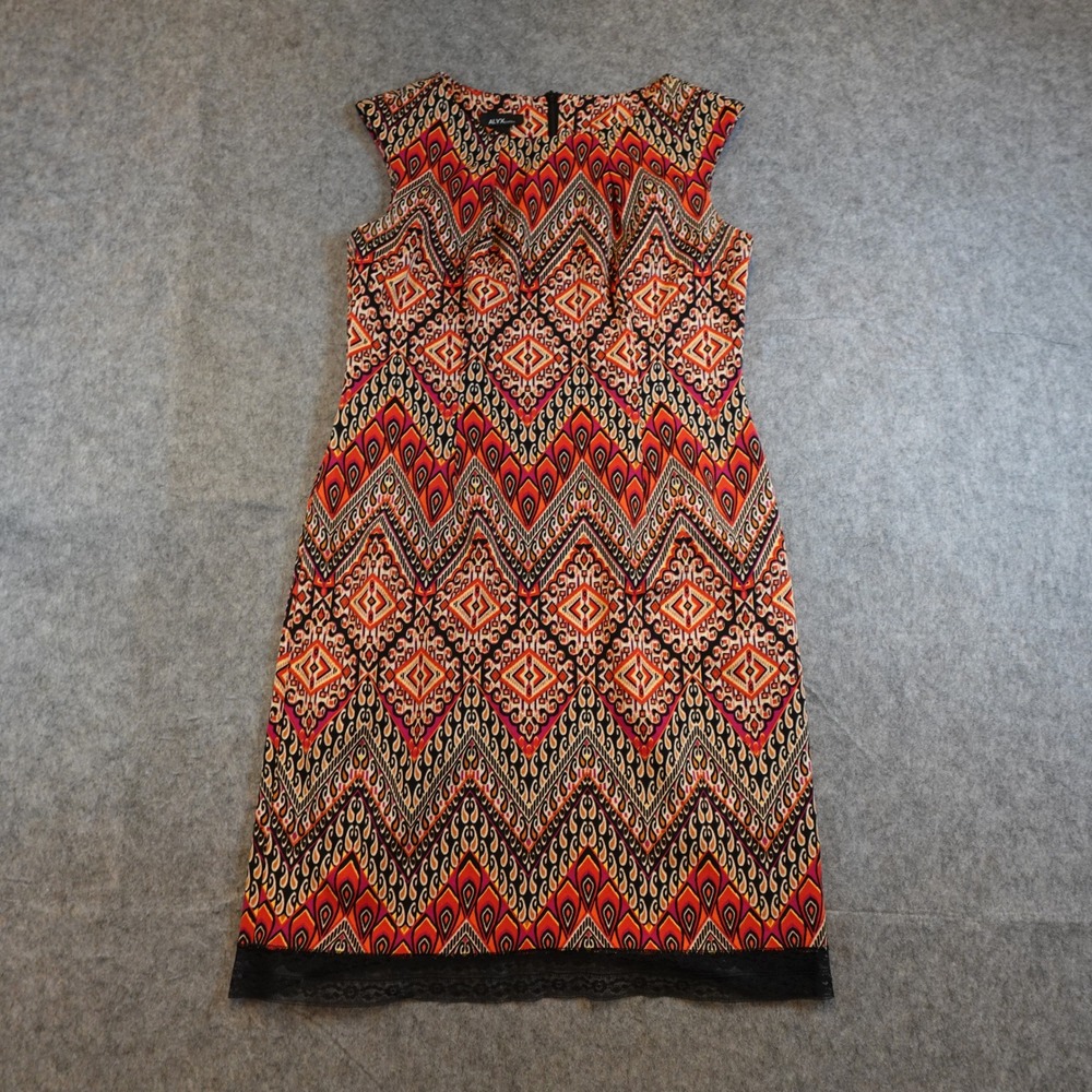 Alyx Dress Women 10 Petite Orange Red Geometric Tribal Print Lace Trim Sheath - Picture 1 of 9